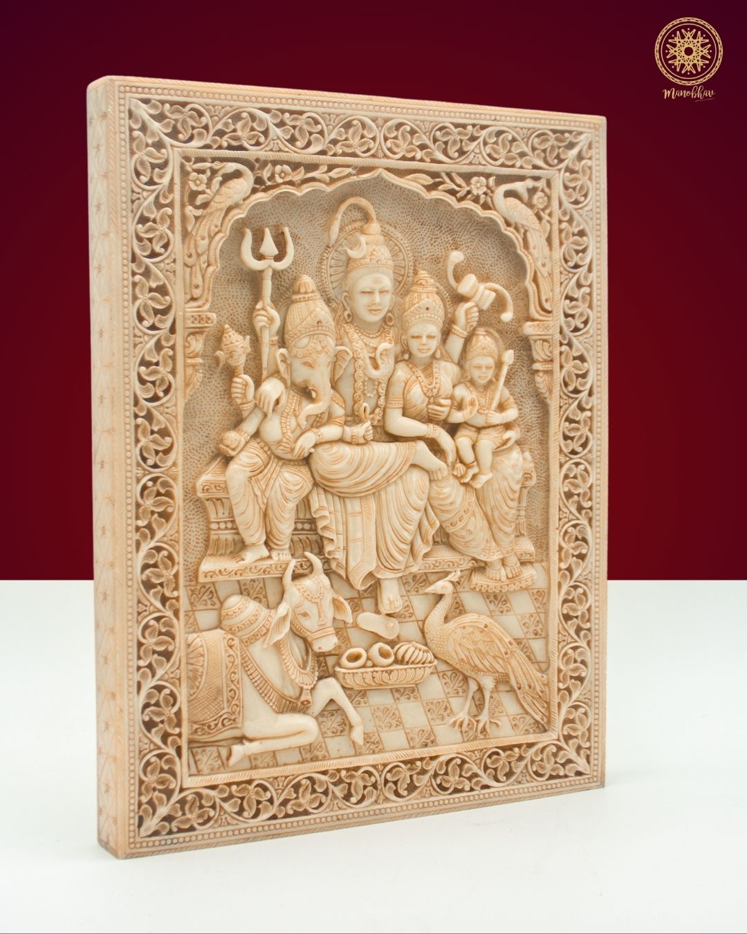 Hand-Craved Shiva, Parvati, Kartikeya, Ganesha, Wall Hanging | Hindu God Sculpture | Decorative Wall Panel